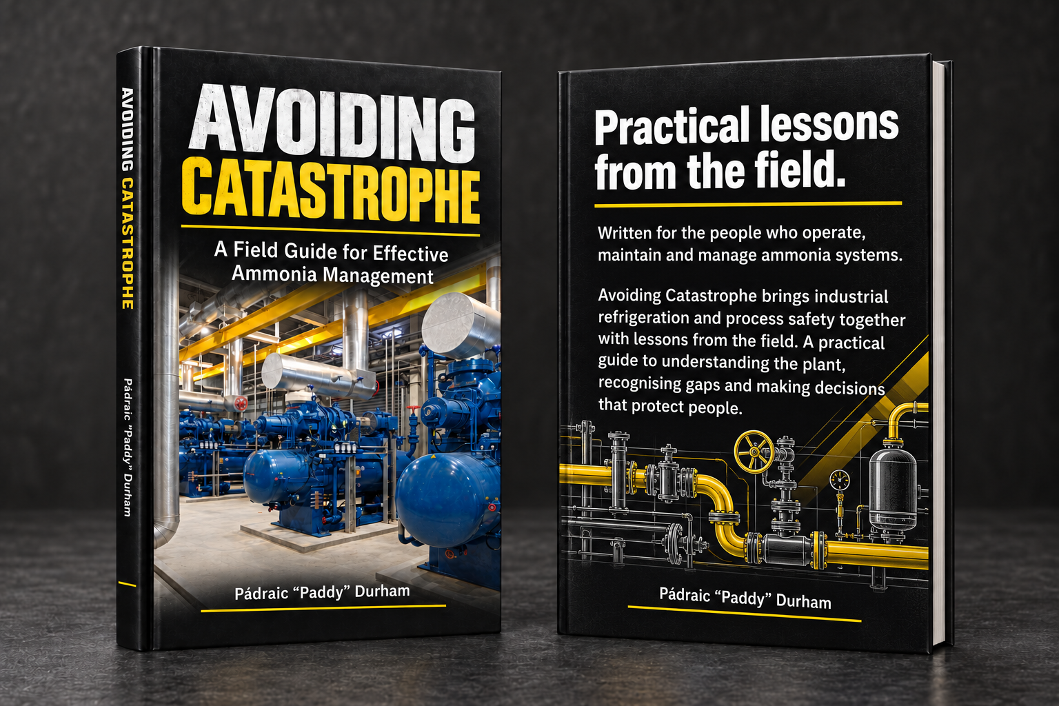 Front and back covers of Avoiding Catastrophe, A Field Guide for Effective Ammonia Management, by Pádraic Paddy Durham